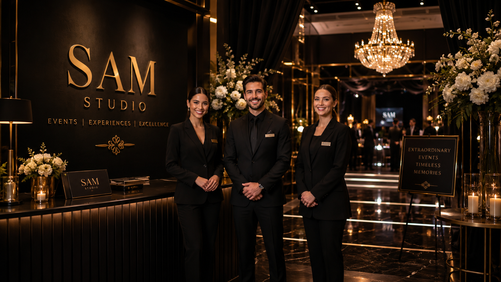 Luxury event setup with elegant lighting, premium styling, and professional event hosts